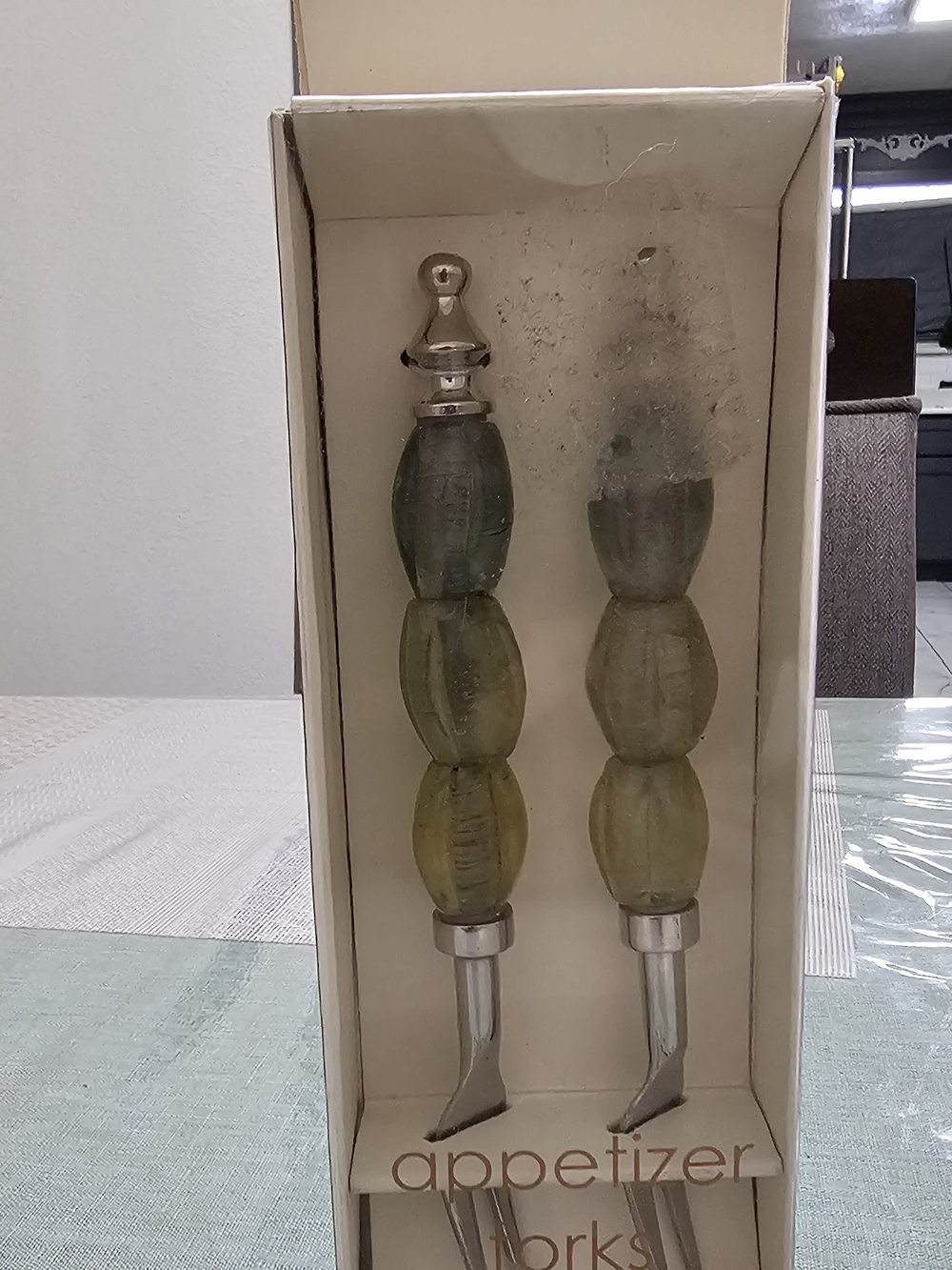 Glass Bead Olive Green Appetizer Fork Set